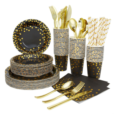 Pink, Black and Gold Dot Disposable Party Tableware Set