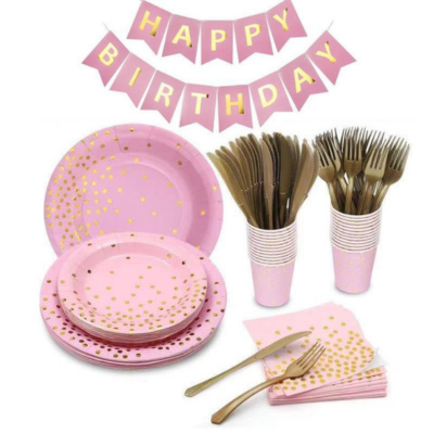 Pink, Black and Gold Dot Disposable Party Tableware Set