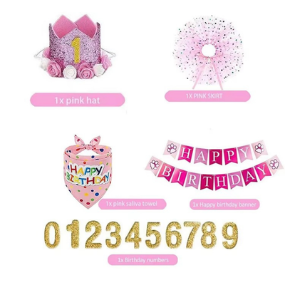 Dog Pet Pink Crown Hat Skirt Bibs Suit Birthday for Dog Party