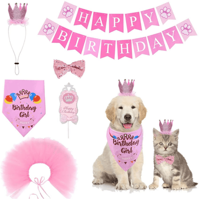 Dog Pet Pink Crown Hat Skirt Bibs Suit Birthday for Dog Party