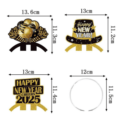 2025 Happy New Year Black Gold Paper Headband Decoration