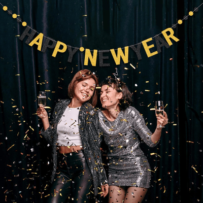 Happy New Year Banner Black and Gold Alphabet for New Year Party 