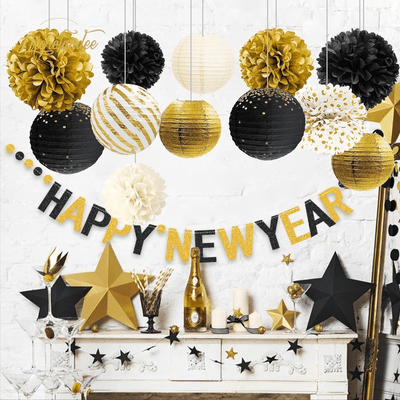 Happy New Year Banner Black and Gold Alphabet for New Year Party 