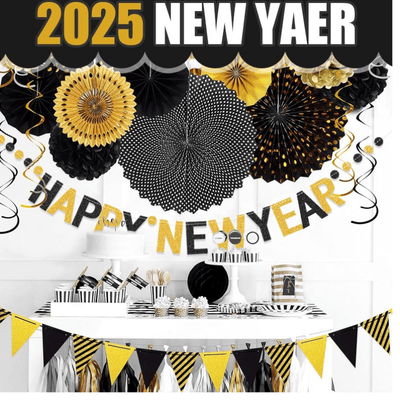 Happy New Year Banner Black and Gold Alphabet for New Year Party 