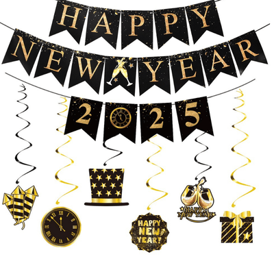 2025 Happy New Year Black Gold Party Banner PVC Spiral Pendant