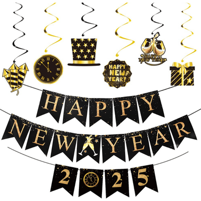 2025 Happy New Year Black Gold Party Banner PVC Spiral Pendant