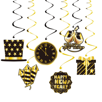 2025 Happy New Year Black Gold Party Banner PVC Spiral Pendant