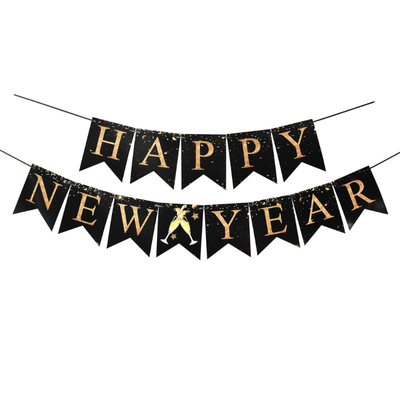2025 Happy New Year Black Gold Party Banner PVC Spiral Pendant