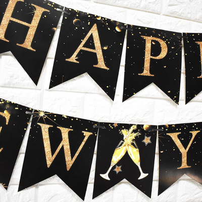 2025 Happy New Year Black Gold Party Banner PVC Spiral Pendant