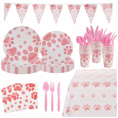 New Pink Dog Paw Birthday Party Disposable Tableware Set 