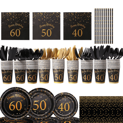 Black gold dot 40th 50th 60th adult birthday party tableware