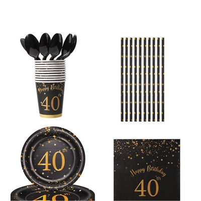 Black gold dot 40th 50th 60th adult birthday party tableware