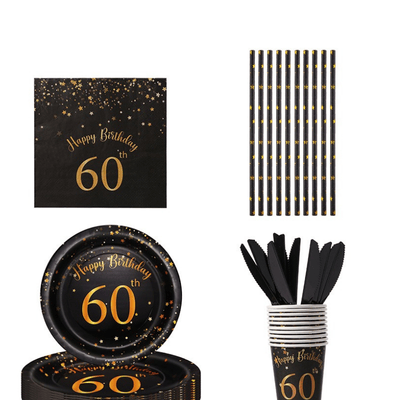 Black gold dot 40th 50th 60th adult birthday party tableware