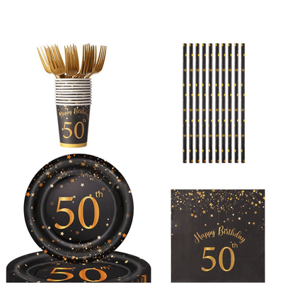 Black gold dot 40th 50th 60th adult birthday party tableware