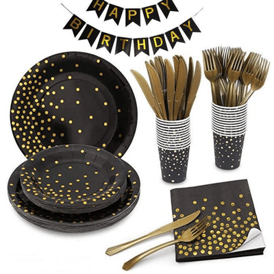 Back gold dot birthday graduation festival party tableware