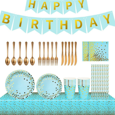Blue gold dot birthday graduation festival party tableware set