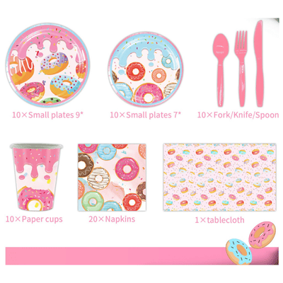 Donuts theme party decoration plates cups napkins tablecloth 