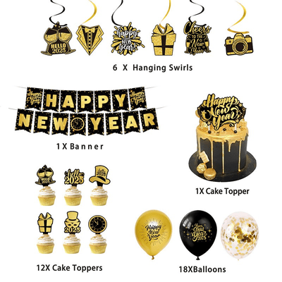 2025 new year black and gold new year party decorations 