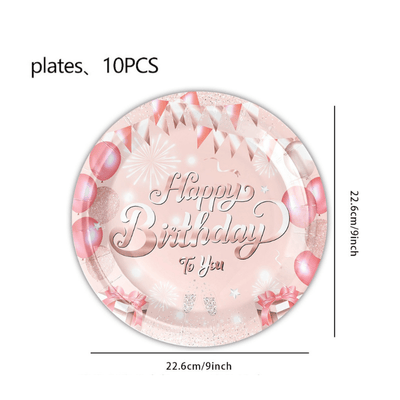 Pink theme plate cup napkin straw disposable paper tableware