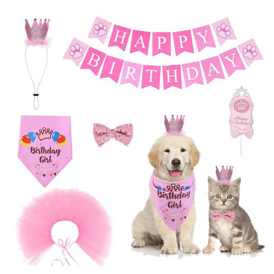 Pet Birthday Saliva Towel Dog Cat Holiday Triangle Scarf Party Decoration Set Pet Banner Tiara Tutu 