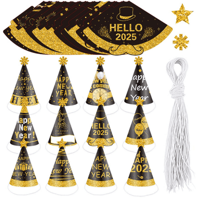 2025 Happy New Year Paper Cone Hats for Kids Adult Party Favor Decoration