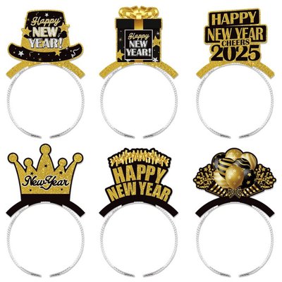 2025 Happy New Year Black Gold Paper Headband Decoration