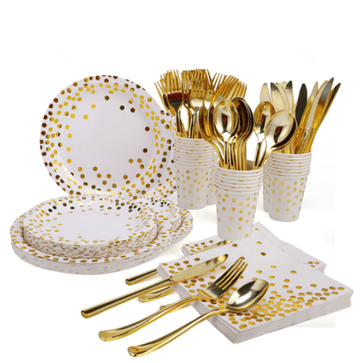 Hot sale white gold dot wedding party disposable tableware set