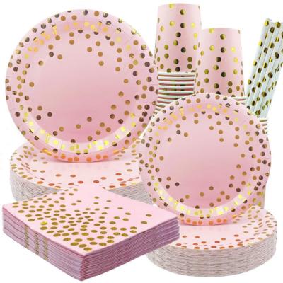 Wedding party pink gold dot disposable dinnerware set