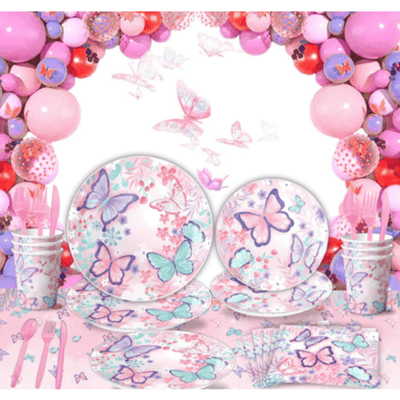 Wholesale pink butterfly theme disposable party tableware set