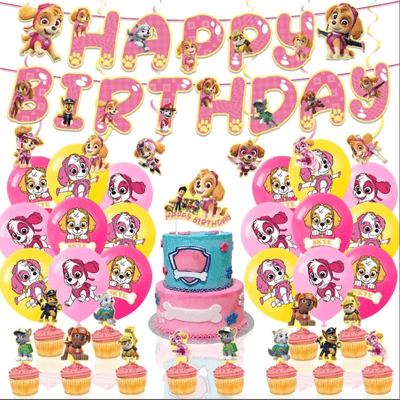 In stock pink dog cartoon theme kids birthday decoration set 