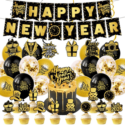 2025 new year black and gold new year party decorations 