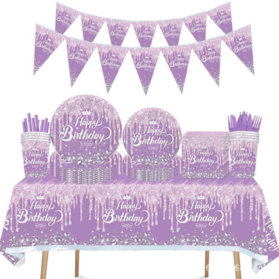wholesale purple diamond birthday theme party tableware sets