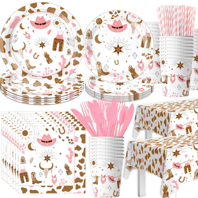 Pink cowboy cowgirl theme party decoration tableware sets 